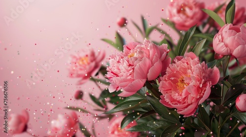 Bouquet of pink peonies with lush green leaves on pink background. Copy space for text, top view