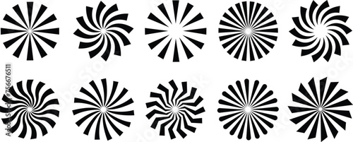 Sunburst element radial stripes or sunburst backgrounds icons set. Collection of rays design. Retro stars black vector isolated on transparent. Editable stock flat geometric sunburst symbol.
