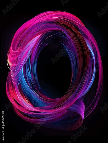 A digital art piece featuring an abstract representation of the letter 'O' in vibrant pink and blue hues, set against a black background