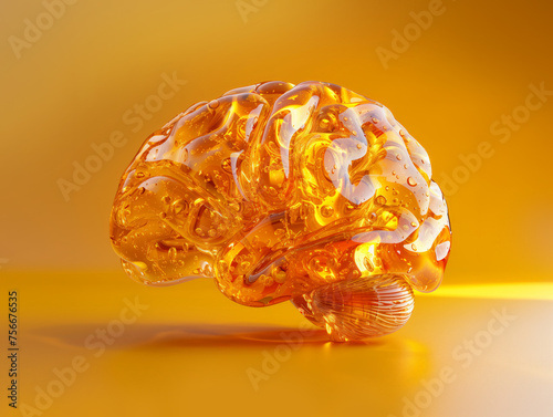 A concept art of honey is good for the brain with a brain made of honey, golden yellow and orange colours on a seamless orange dynamic background