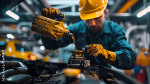 Professional mechanic diligently refilling car fluids in a modern workshop photo