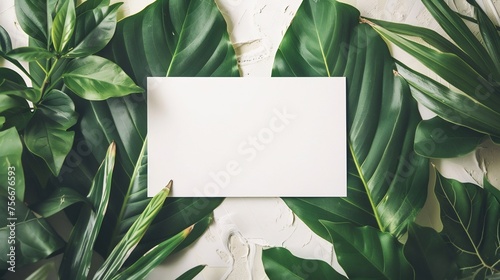 A delightful mockup scenario materializes, presenting a blank greeting card laid out on a white table amidst a backdrop of lush green leaves