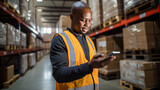 Smiling man standing in a warehouse aisle, using a smartphone possibly to manage or check inventory.
