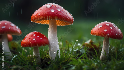 Red Mushrooms in Rain