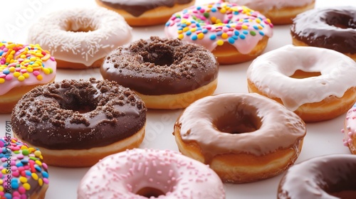 A mouthwatering scene unfolds, showcasing a delectable assortment of donuts against a pristine white backdrop. From classic chocolate glazed to colorful