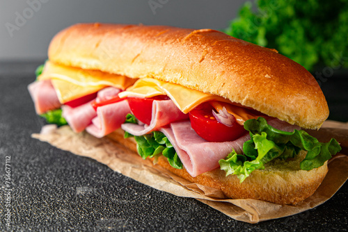 ham sandwich sliced meat, cheese, lettuce, tomato, vegetable, bun bread fresh food tasty eating meal food snack on the table copy space food background rustic top view