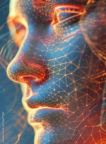 A closeup of the wireframe hologram face, rendered in the style of an ultrarealistic artist with high resolution and detailed textures