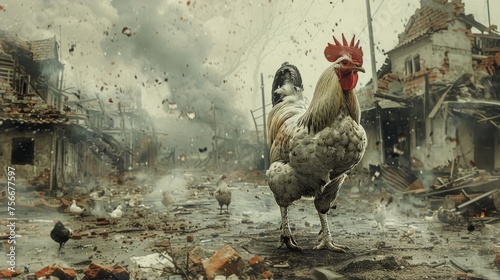 Defiant rooster surveys its surroundings in a devastated urban landscape, with the backdrop of crumbling buildings and debris