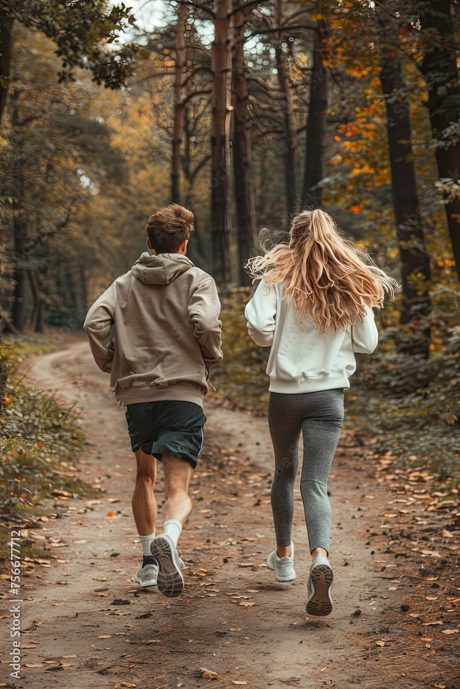 young couple running, rear view. in the park. generative ai young couple running, rear view. in the park. generative ai