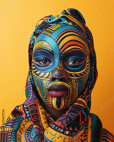 A woman wearing an African mask with colorful patterns is dressed in traditional clothing against a yellow background.
