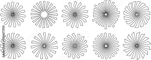 Sunburst element radial stripes or sunburst backgrounds icons set. Collection of rays design. Retro stars black vector isolated on transparent. Editable stock line geometric sunburst symbol.