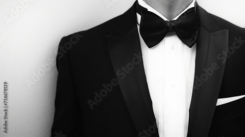 A handsome man in a tuxedo and bow tie poses with elegance and sophistication