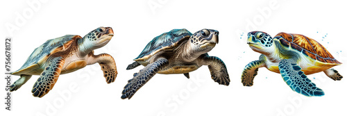 Collection of sea turtles swimming isolated on transparent or white background