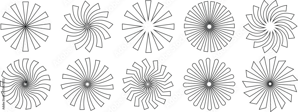 Sunburst element radial stripes or sunburst backgrounds icons set. Collection of rays design. Retro stars black vector isolated on transparent. Editable stock line geometric sunburst symbol.