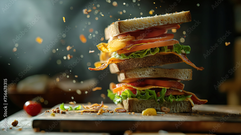 A towering sandwich with bacon, lettuce, tomato, and cheese mid-air with crumbs flying, set against a dark background.
