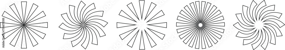Obraz premium Sunburst element radial stripes or sunburst backgrounds icons set. Collection of rays design. Retro stars black vector isolated on transparent. Editable stock line geometric sunburst symbol.