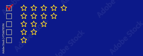 Gold, gray five stars shape on a blue background. Rating stars with tick. Feedback evaluation. Rank quality. Banner.