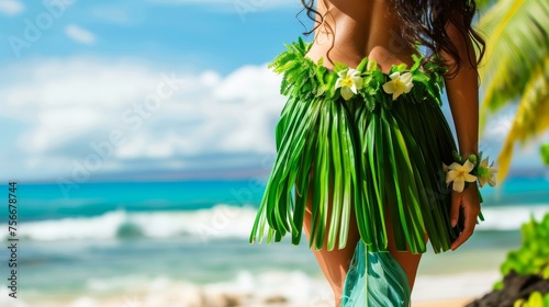A woman in a vibrant hula skirt dances gracefully on a sandy beach by the turquoise ocean waves