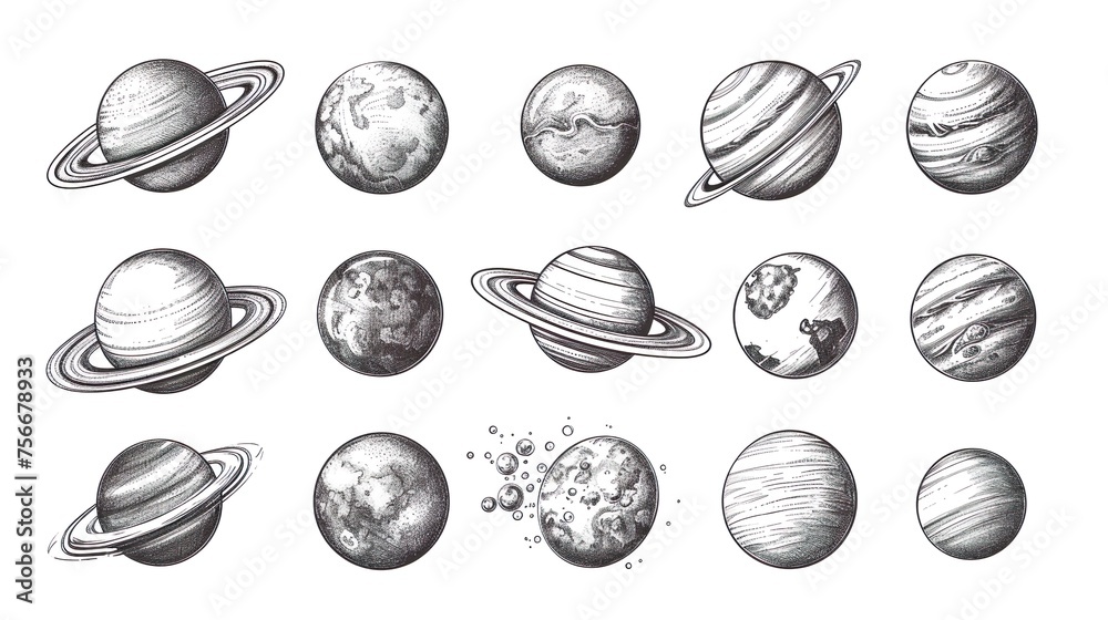set of planets pattern high quality black and white starry space collection