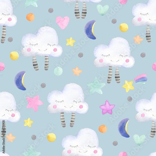 Hand-drawn watercolor seamless pattern with cute clouds, stars on a gray background.