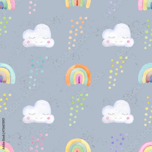 Hand-drawn watercolor seamless pattern with cute clouds, stars on a gray background. © Елена Фаенкова