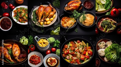 A photo collage of vegetables, meat and seafood dishes. A set of dishes in plates. Photo banner for a food site.