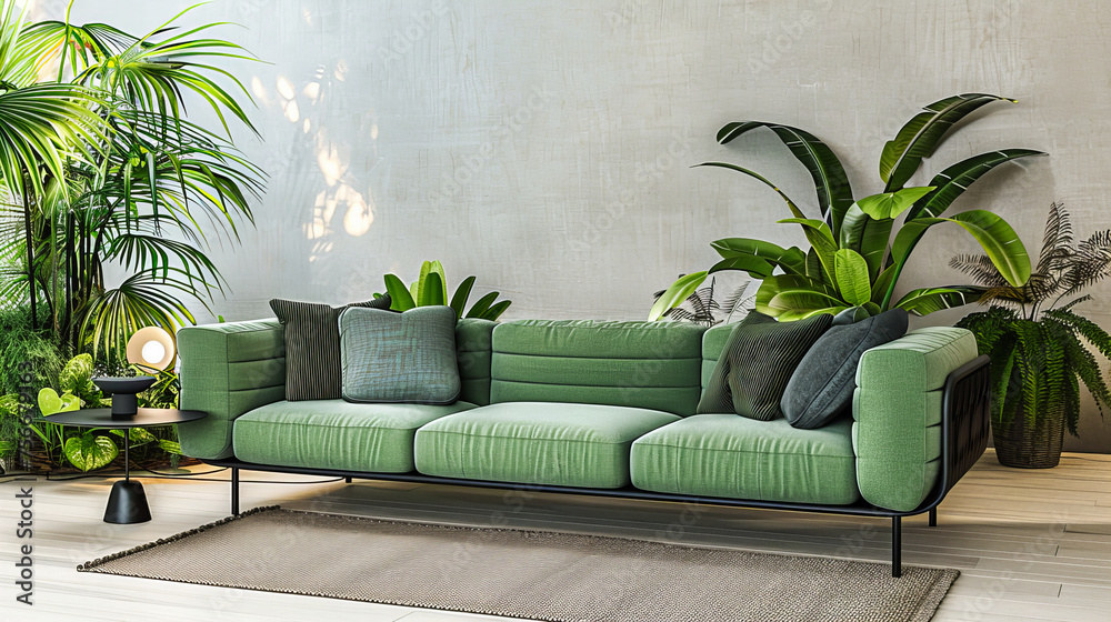 Modern Living Room Design: Cozy Sofa with Green Plant Accents, Bright Wooden Floors, and Scandinavian Style Decor Modern Living Room Design: Cozy Sofa with Green Plant Accents, Bright Wooden Floors, and Scandinavian Style Decor