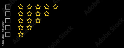 Gold, gray five stars shape on a black background. Rating stars with tick. Feedback evaluation. Rank quality. Banner.