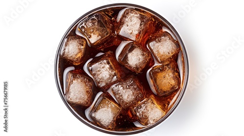 Cola in glass with clear ice cubes cool soda background in summer