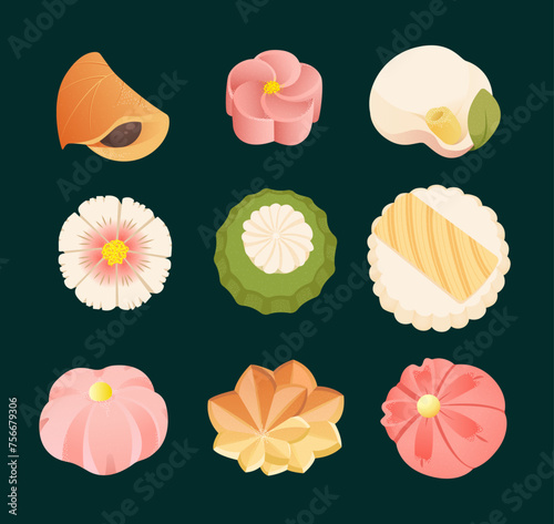Vector set of Japanese pastry, wagashi, traditional sweet, Asian pastry vector illustration. © Elizabeth