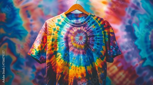 Colorful tie-dyed t-shirt hanging on a hanger