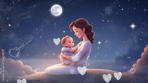 Lullaby Cartoon Animation of a Baby Being Carried by his Mother with the Background of the Night Sky Decorated with Star and Moon Light. Lullaby Video Background