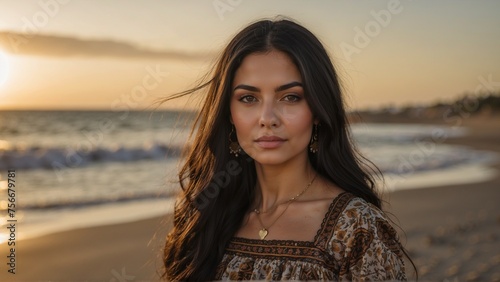 Portrait of a beautiful young woman with long dark hair at the beach at sunset wearing boho style clothing