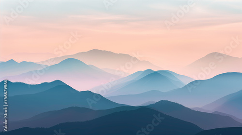 Panorama of mountain silhouettes in the haze. Soft pastel colors.