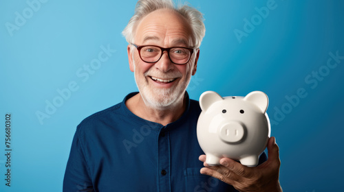Cheerful senior man holding a piggy bank, symbolizing savings and financial security in retirement.