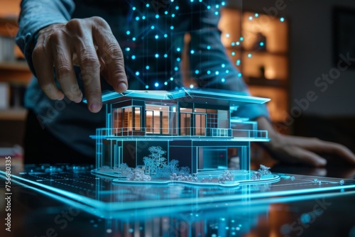 A person is using holographic technology to create an architectural model of their house on the table, showcasing various perspectives Generative AI photo