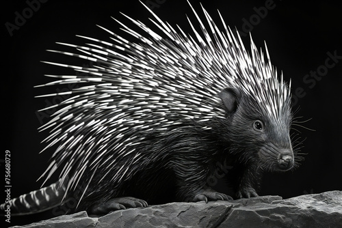 close up of a porcupine on a black background, hedgehog photo