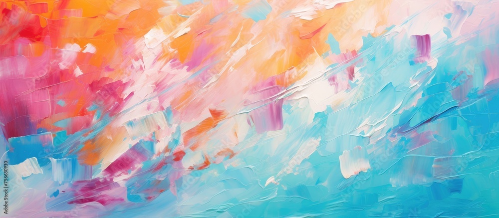 A closeup of a vibrant painting on canvas featuring a mix of cumulus clouds in magenta and electric blue hues, creating a mesmerizing pattern of tints and shades