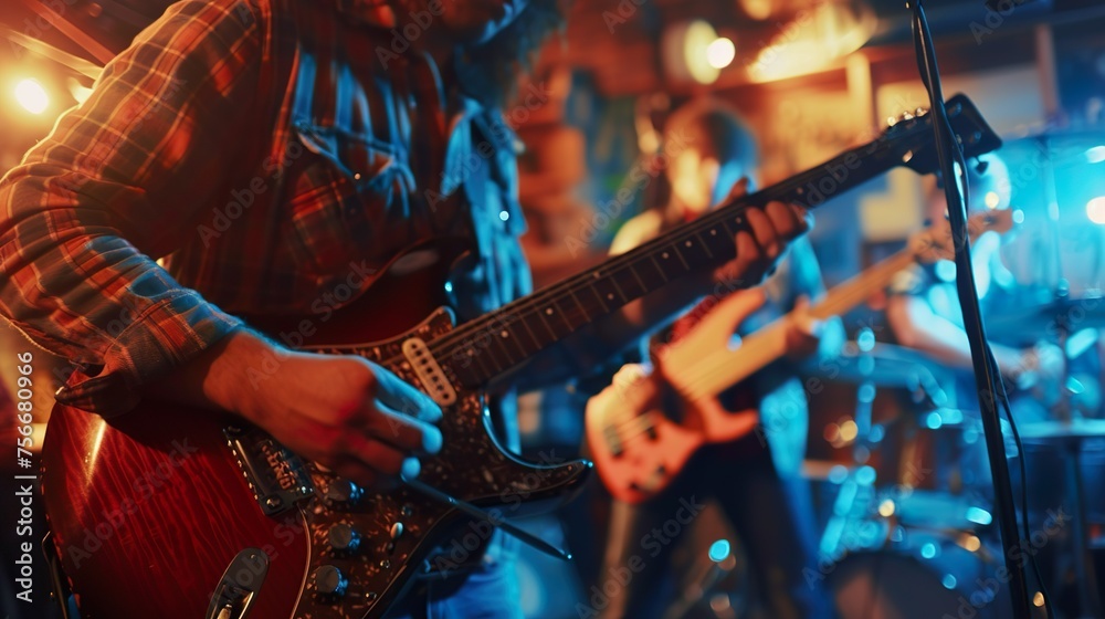 Obraz premium close up guitarist singing and playing acoustic guitar on stage