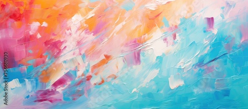 A closeup of a vibrant painting on canvas featuring a mix of cumulus clouds in magenta and electric blue hues, creating a mesmerizing pattern of tints and shades