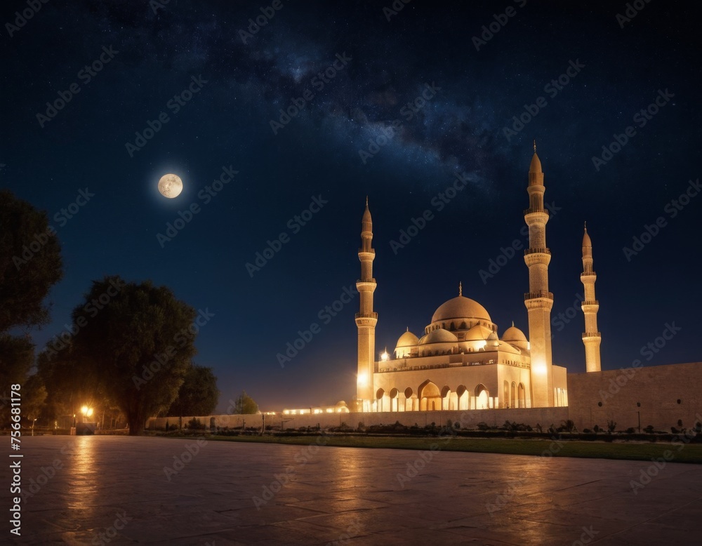 A 3D render of a mosque under a starry night sky. The mosque is illuminated by the soft glow of the moon. There’s ample space in the sky for text