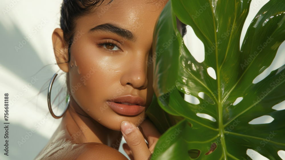 close-up of a young woman with wet skin, holding a green leaf close to her face, which partially covers it, close-up of a young woman with wet skin, holding a green leaf close to her face, which partially covers it,