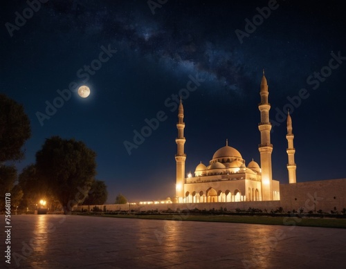 A 3D render of a mosque under a starry night sky. The mosque is illuminated by the soft glow of the moon. There’s ample space in the sky for text