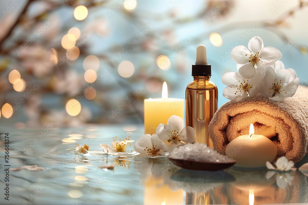 There are candles, flowers, salt, and oil on the table. Generative AI There are candles, flowers, salt, and oil on the table. Generative AI