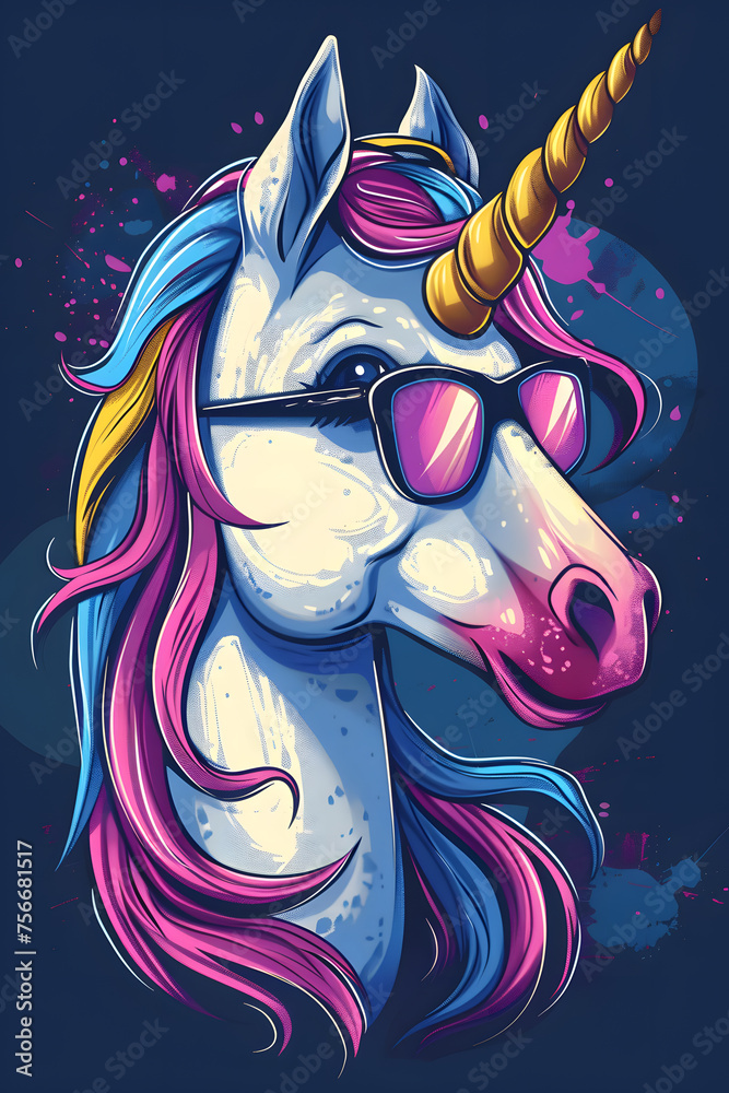 An organism with the jaw of a horse, this unicorn is a pack animal with an electric blue and magenta mane. Its sunglasses and colorful mane could be mistaken for a piece of art or a painting