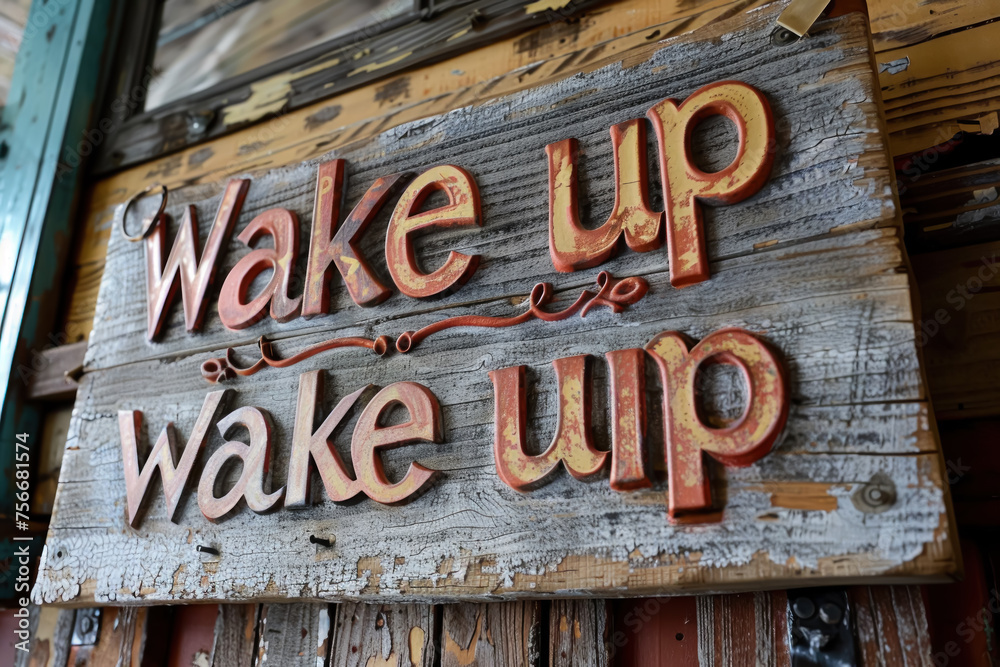 Fototapeta premium Wake up sign with red and yellow letters