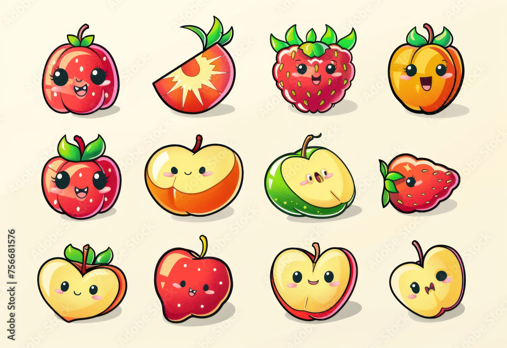 A collection of cartoon fruit, including apples, strawberries, and peaches A collection of cartoon fruit, including apples, strawberries, and peaches