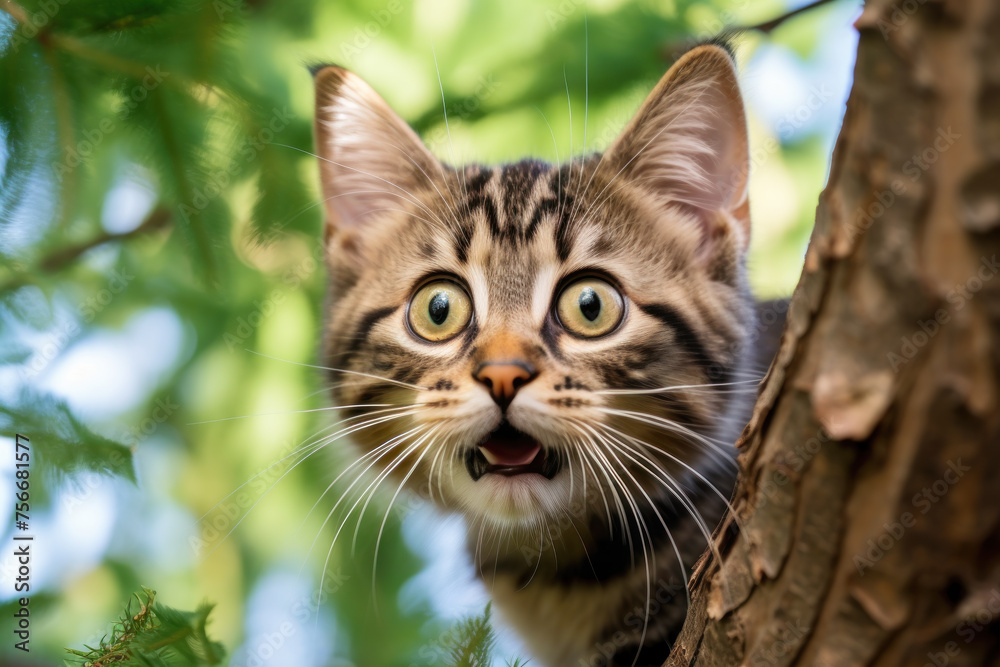 Curious Cat Peering from a Tree. An adorable striped kitten with wide eyes peeks curiously from behind a tree in a lush garden.