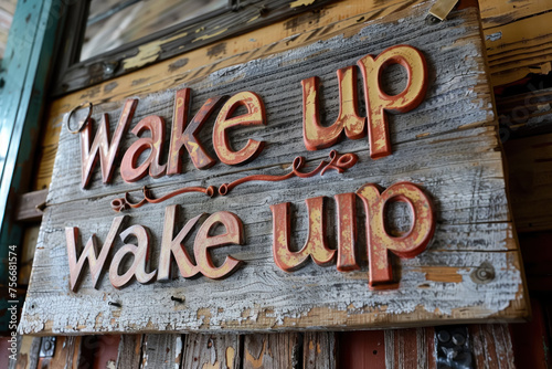 Wake up sign with red and yellow letters