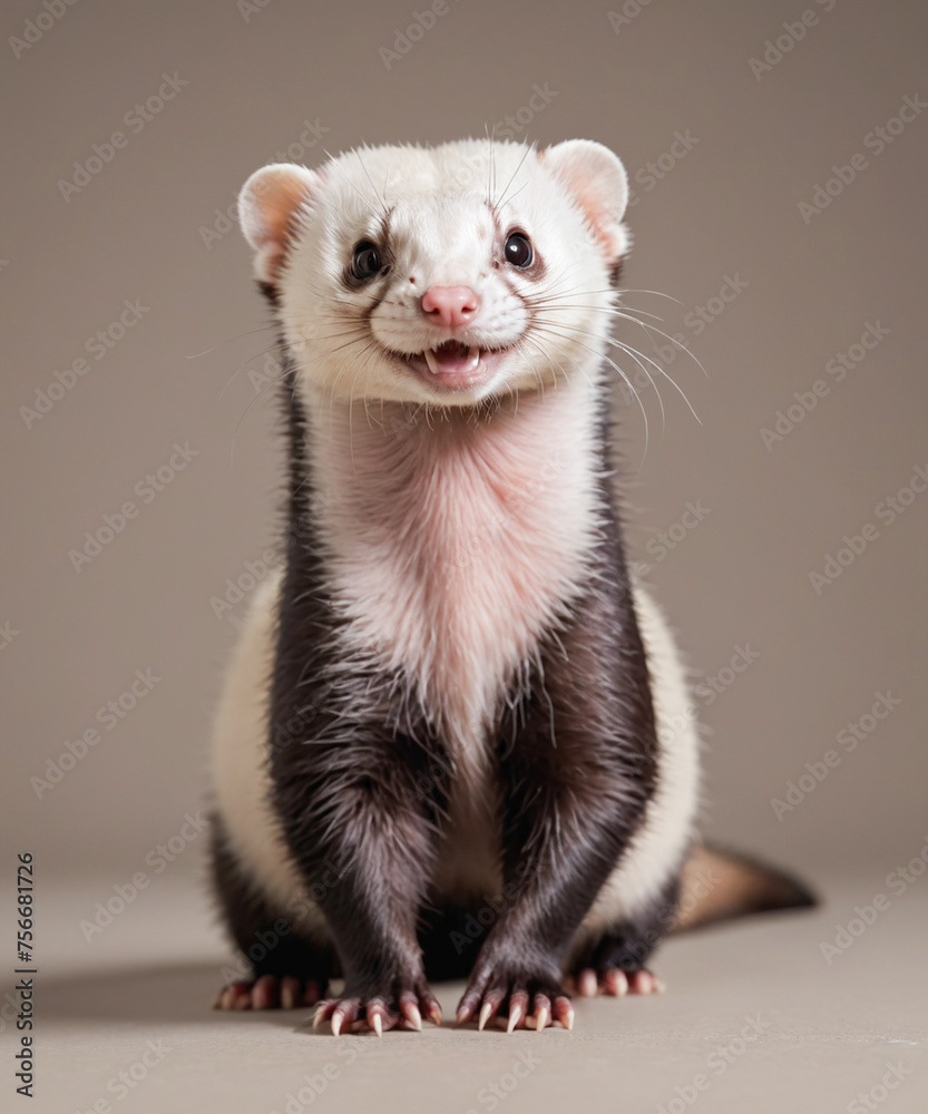 Friendly ferret sitting on a brown background with a spectacular smile. Friendly ferret sitting on a brown background with a spectacular smile.